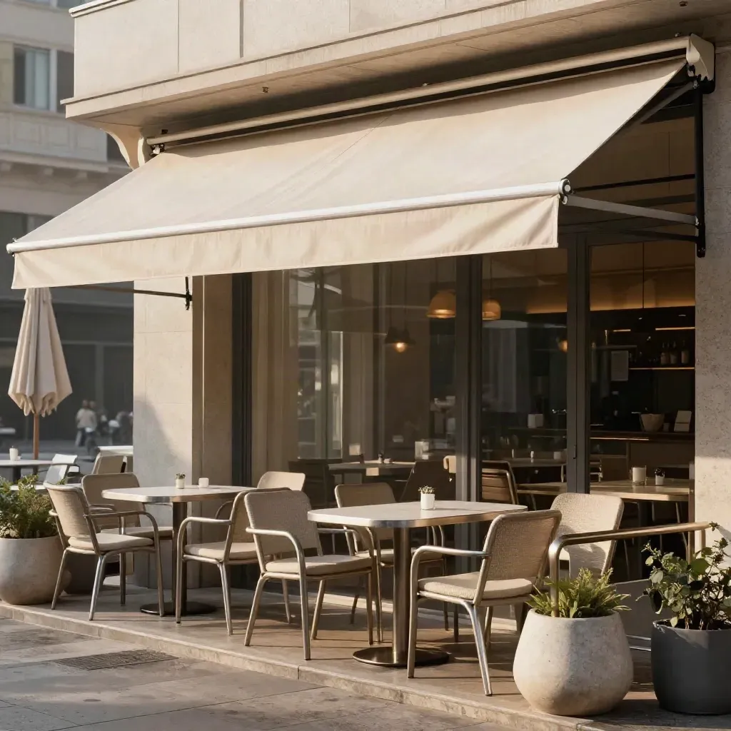 Kazetová markýza nad prázdnou bistro terasou po dešti, s židlemi a květináči.