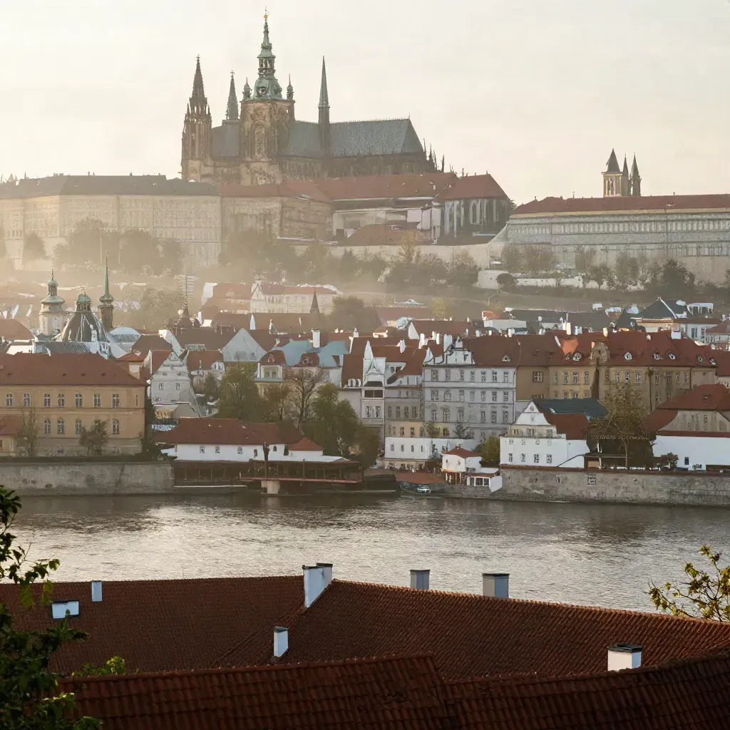 Pražský hrad a Vltava v ranní mlze nad střechami, z vyhlídky na kopci.